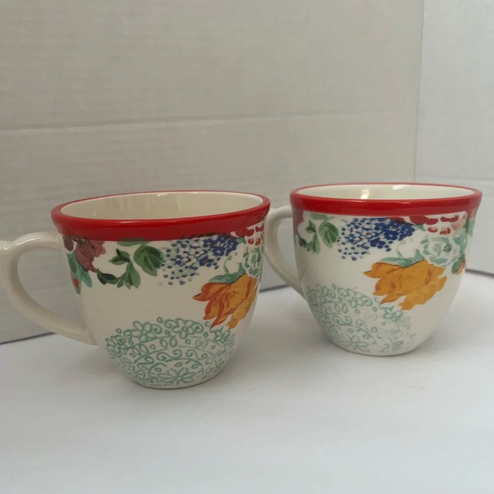 Pioneer Woman Floral Ceramic Mugs with Red Rim - Picture 1 of 5
